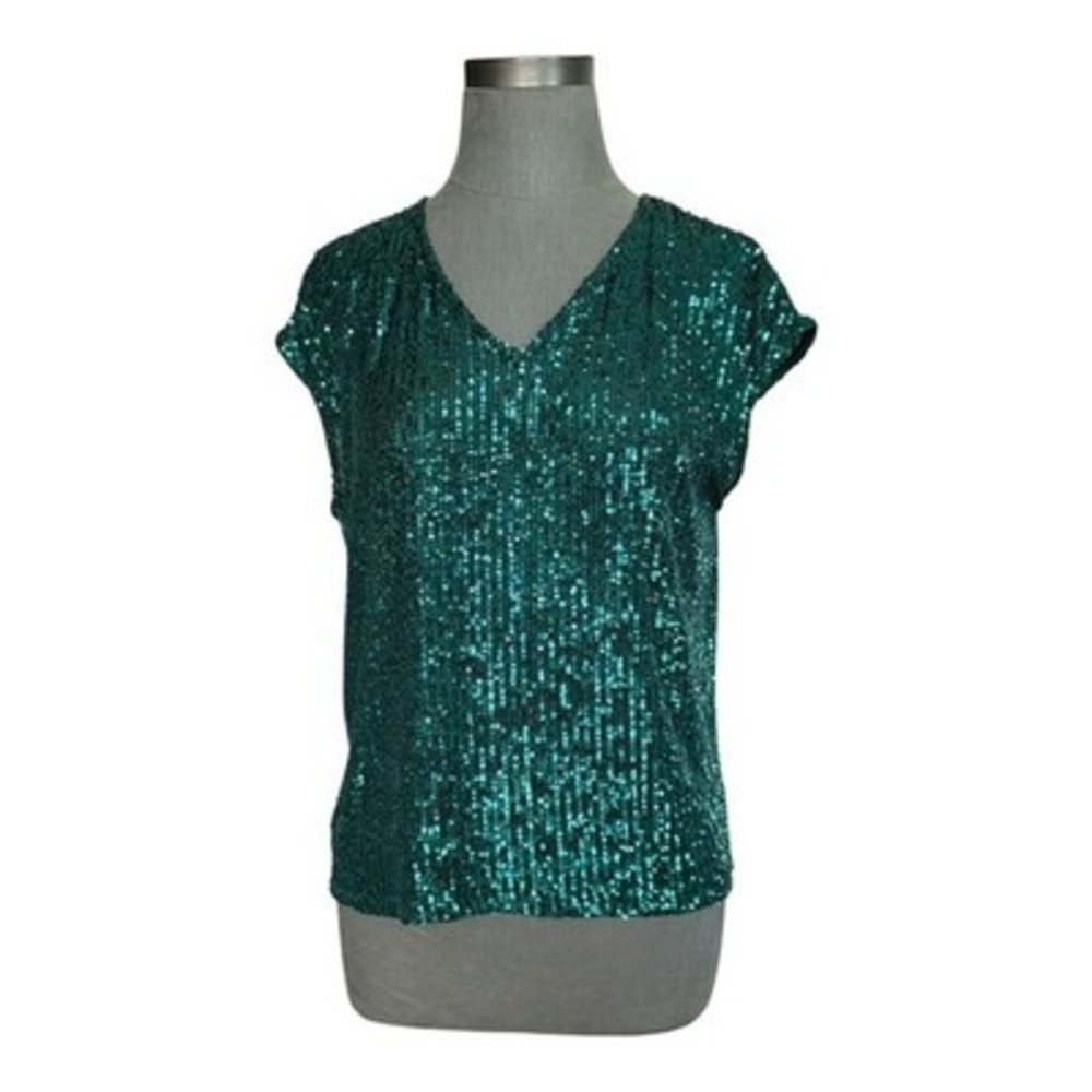Vince Camuto Emerald Green Sequin V-Neck Top Sleeveless Sz M Dazzling VG - Picture 3 of 6